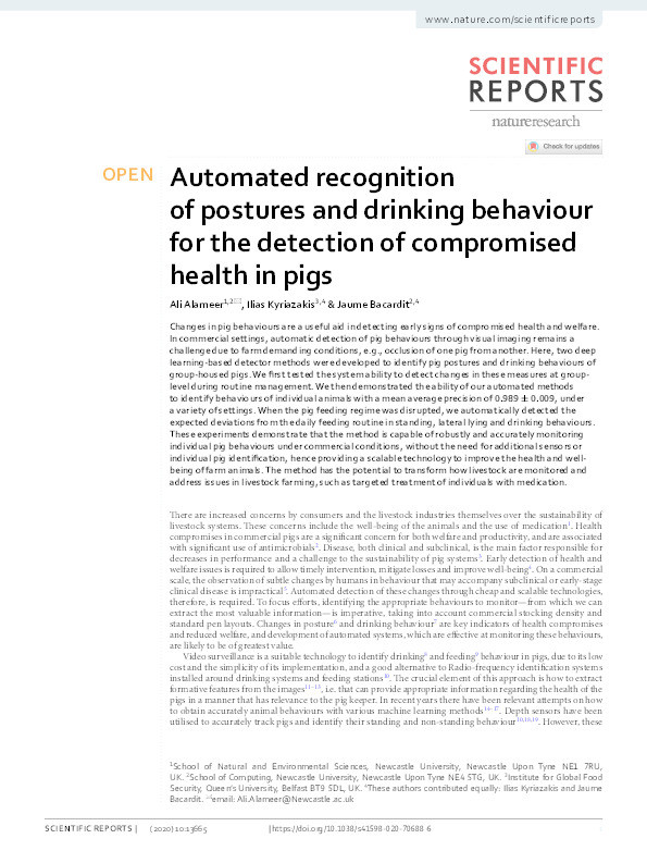 Automated recognition of postures and drinking behaviour for the detection of compromised health in pigs Thumbnail