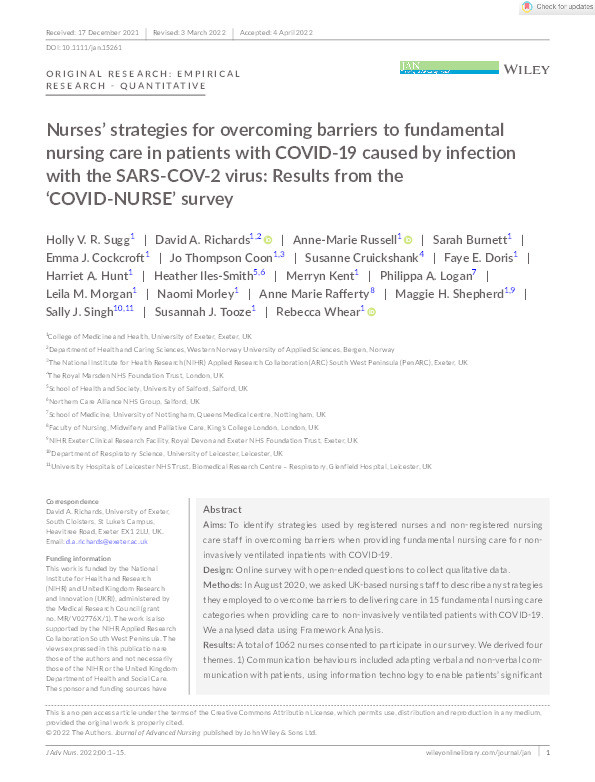 Nurses' strategies for overcoming barriers to fundamental nursing care in patients with COVID-19 caused by infection with the SARS-COV-2 virus: Results from the 'COVID-NURSE' survey Thumbnail