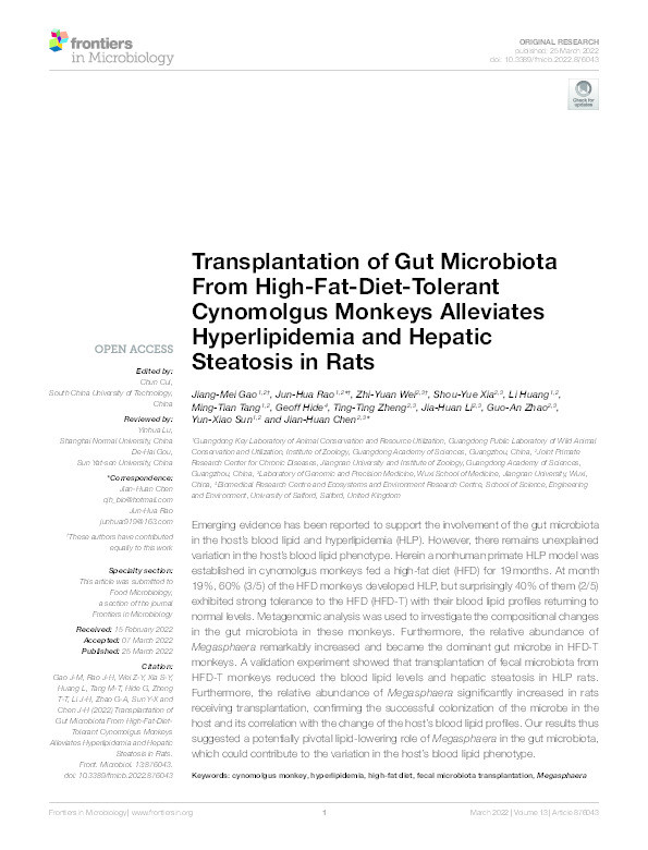 Transplantation of Gut Microbiota From High-Fat-Diet-Tolerant Cynomolgus Monkeys Alleviates Hyperlipidemia and Hepatic Steatosis in Rats. Thumbnail