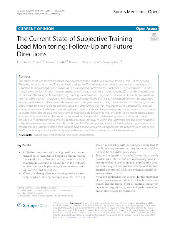 The Current State of Subjective Training Load Monitoring: Follow-Up and Future Directions Thumbnail
