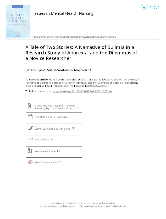 A tale of two stories: a narrative of bulimia in a research study of anorexia, and the dilemmas of a novice researcher Thumbnail