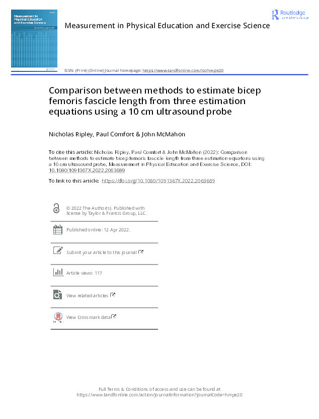 Comparison between methods to estimate bicep femoris fascicle length from three estimation equations using a 10 cm ultrasound probe Thumbnail