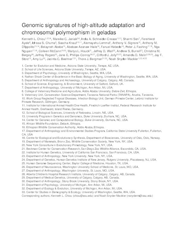 Genomic signatures of high-altitude adaptation and chromosomal polymorphism in geladas. Thumbnail