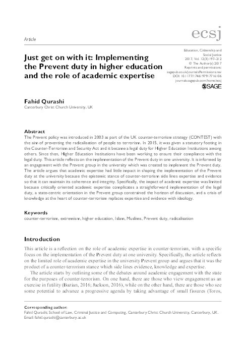 “Just get on with it’: implementing the Prevent duty in higher education and the role of academic expertise’ Thumbnail