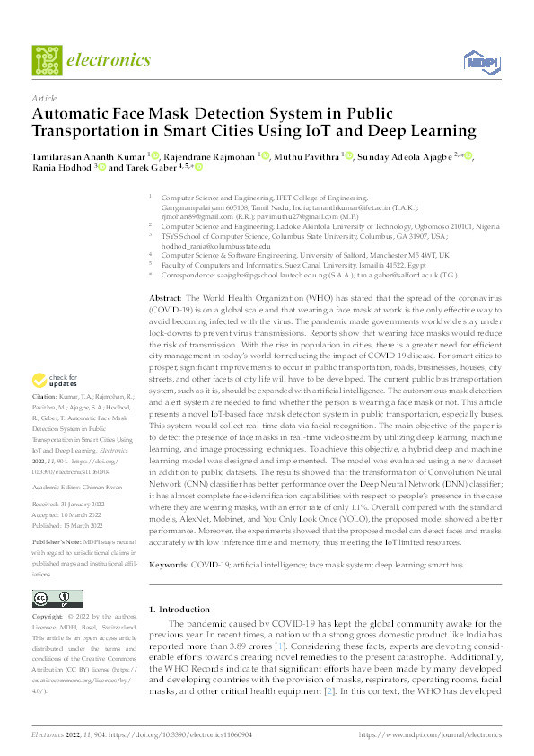 Automatic face mask detection system in public transportation in smart cities using IoT and deep learning Thumbnail