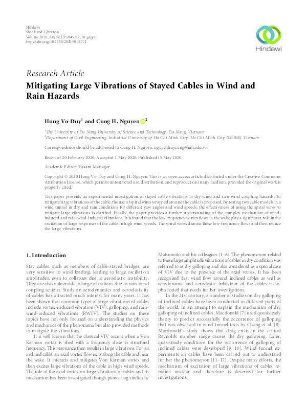 Mitigating large vibrations of stayed cables in wind and rain hazards Thumbnail