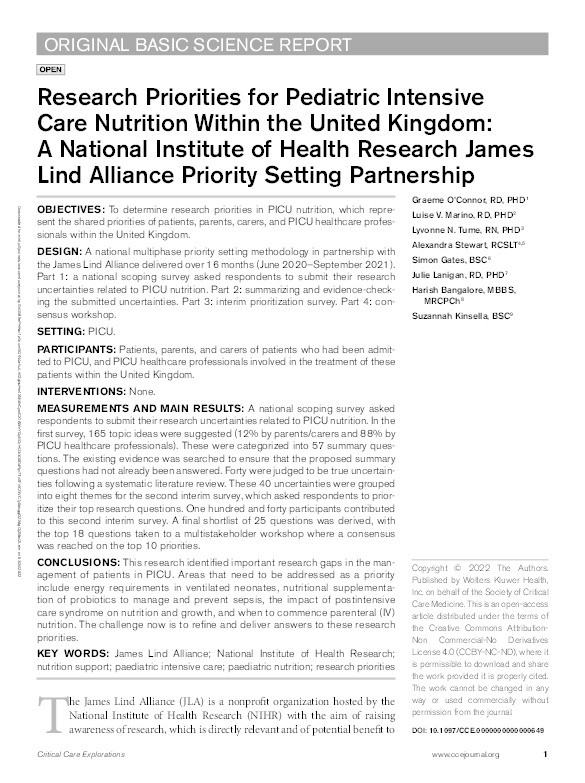 Research Priorities for Pediatric Intensive Care Nutrition Within the United Kingdom: A National Institute of Health Research James Lind Alliance Priority Setting Partnership Thumbnail