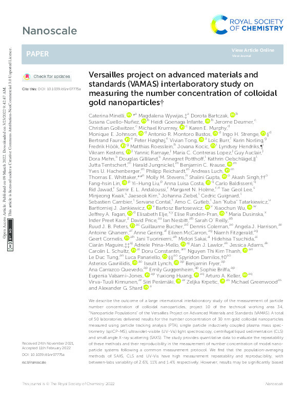 Versailles project on advanced materials and standards (VAMAS) interlaboratory study on measuring the number concentration of colloidal gold nanoparticles Thumbnail