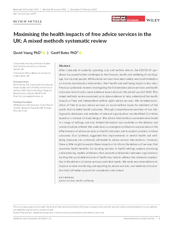 Maximising the health impacts of free advice services in the UK : a mixed methods systematic review Thumbnail