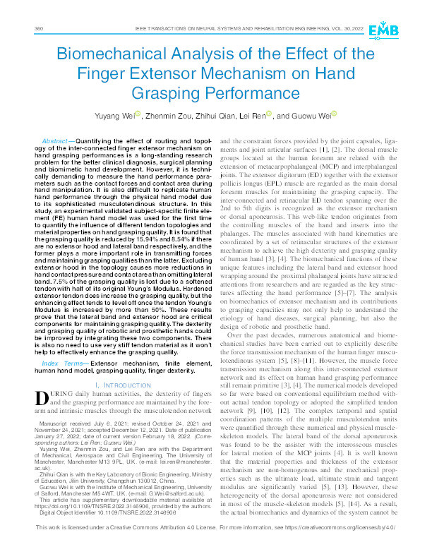 Biomechanical analysis of the effect of the finger extensor mechanism on hand grasping performance Thumbnail