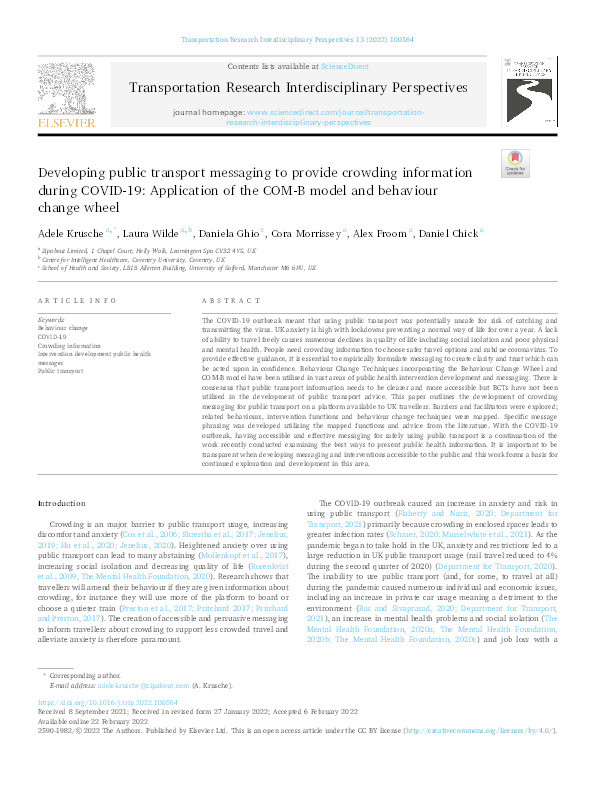 Developing public transport messaging to provide crowding information during COVID-19 : application of the COM-B model and behaviour change wheel Thumbnail