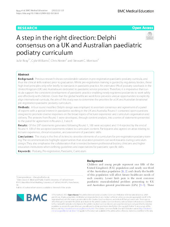 A step in the right direction : Delphi consensus on a UK and Australian paediatric podiatry curriculum Thumbnail