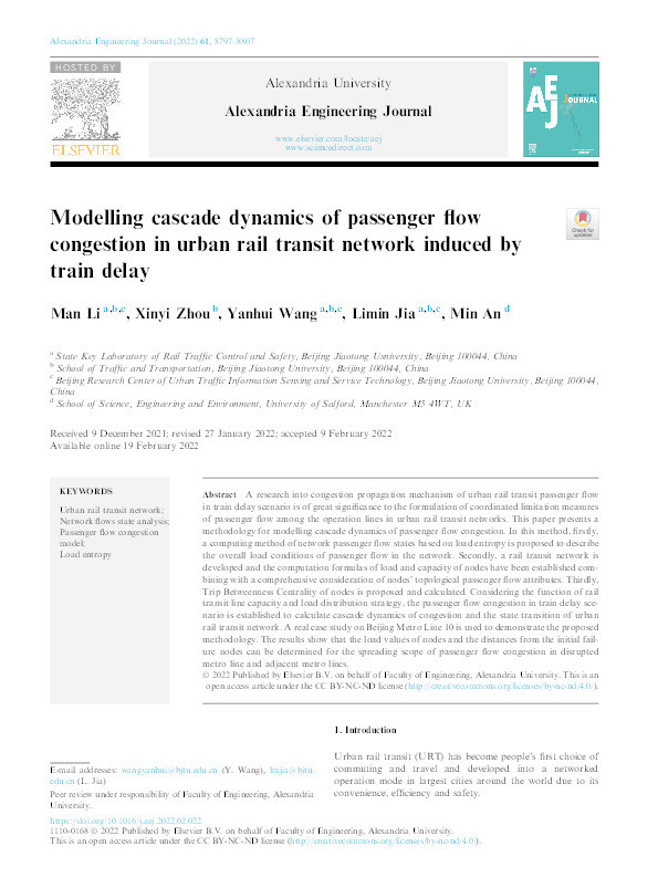 Modelling cascade dynamics of passenger flow congestion in urban rail transit network induced by train delay Thumbnail