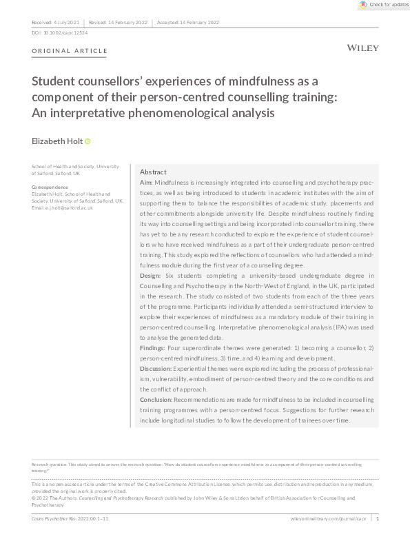 Student counsellors’ experiences of mindfulness as a component of their person‐centred counselling training : an interpretative phenomenological analysis Thumbnail