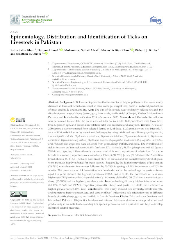 Epidemiology, distribution and identification of ticks on livestock in Pakistan Thumbnail
