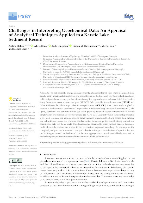 Challenges in interpreting geochemical data : an appraisal of analytical techniques applied to a karstic lake sediment record Thumbnail