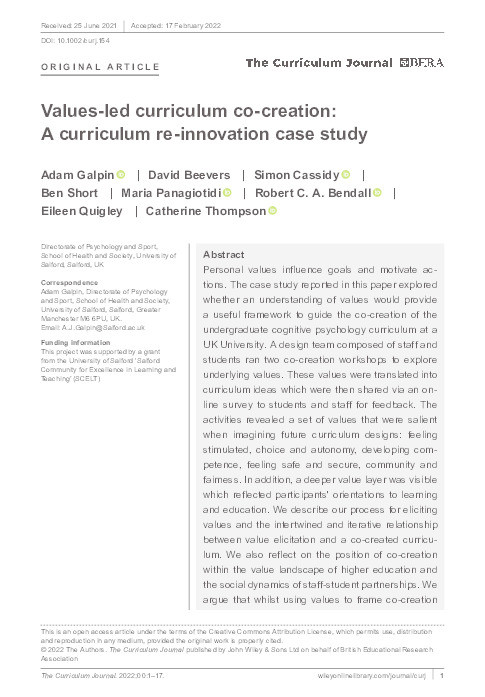 Values‐led curriculum co‐creation : a curriculum re‐innovation case study Thumbnail