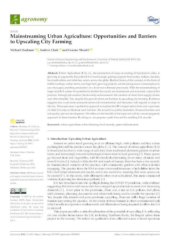 Mainstreaming urban agriculture : opportunities and barriers to upscaling city farming Thumbnail