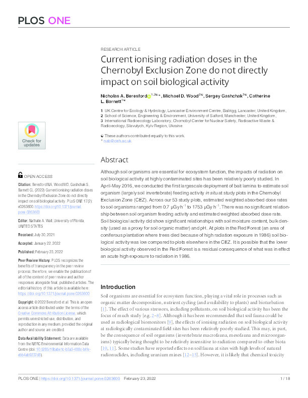 Current ionising radiation doses in the Chernobyl Exclusion Zone do not directly impact on soil biological activity Thumbnail