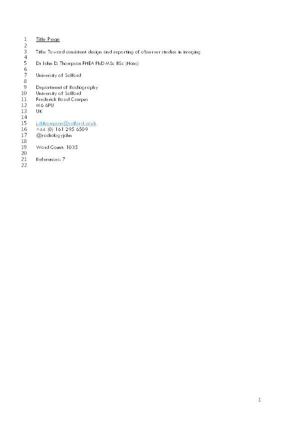 Toward consistent design and reporting of observer studies in imaging Thumbnail