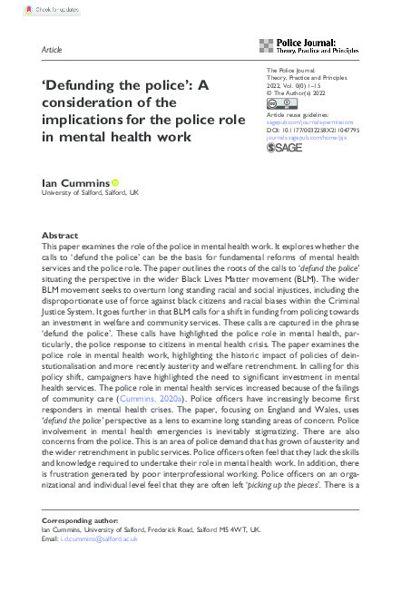 ‘Defunding the police’: A consideration of the implications for the police role in mental health work Thumbnail