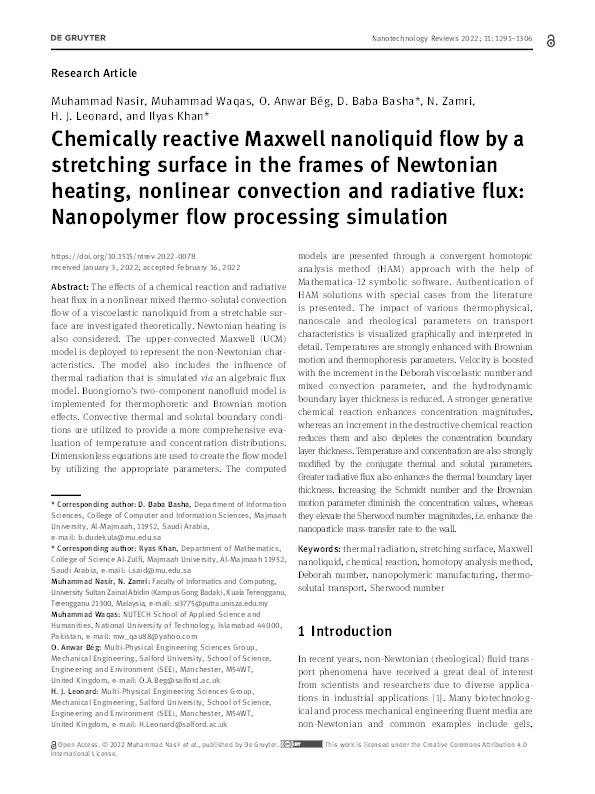 Chemically reactive Maxwell nanoliquid flow by a stretching surface in frames of Newtonian heating, nonlinear convection and radiative flux : nanopolymer flow processing simulation Thumbnail