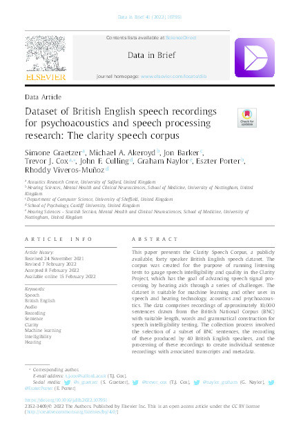 Dataset of British English speech recordings for psychoacoustics and speech processing research : the Clarity Speech Corpus Thumbnail