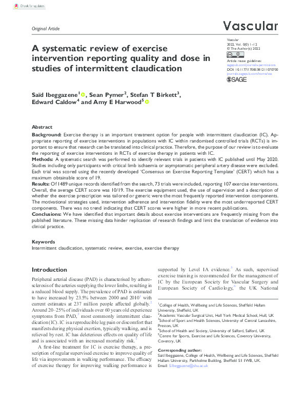 A systematic review of exercise intervention reporting quality and dose in studies of intermittent claudication Thumbnail