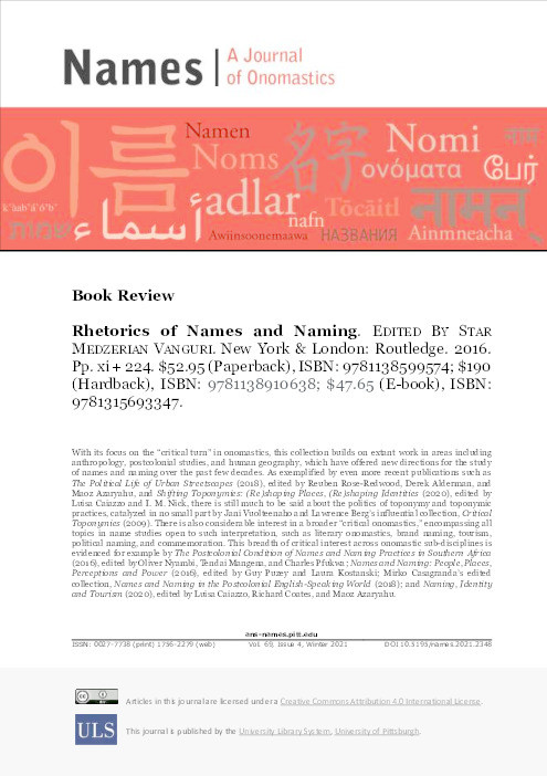 Book review : Rhetorics  of  Names  and  Naming Thumbnail