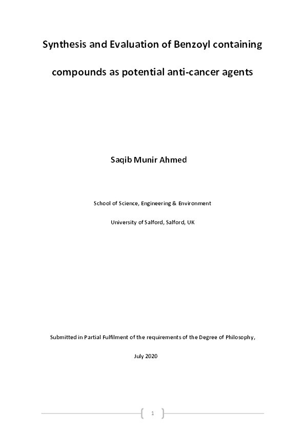 Synthesis and Evaluation of Benzoyl containing compounds as potential anti-cancer agents Thumbnail