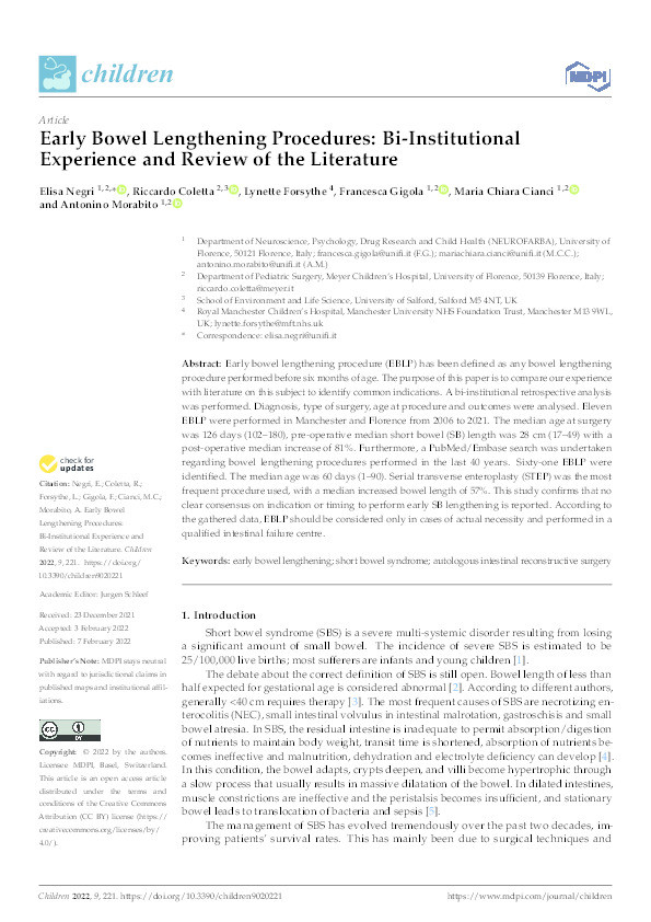 Early bowel lengthening procedures : bi-institutional experience and review of the literature Thumbnail