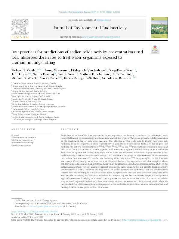 Best practices for predictions of radionuclide activity concentrations and total absorbed dose rates to freshwater organisms exposed to uranium mining/milling Thumbnail