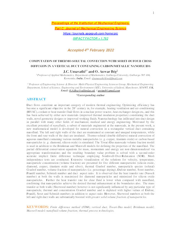 Computation of thermo-solutal convection with Soret-Dufour cross diffusion in a vertical duct containing carbon/metallic nanofluids Thumbnail