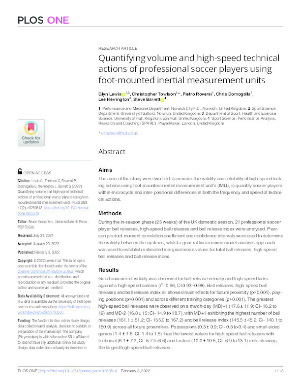 Quantifying volume and high-speed technical actions of professional soccer players using foot-mounted inertial measurement units Thumbnail