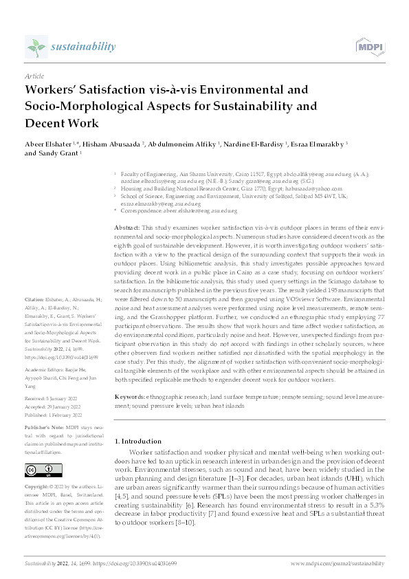 Workers’ satisfaction vis-à-vis environmental and socio-morphological aspects for sustainability and decent work Thumbnail