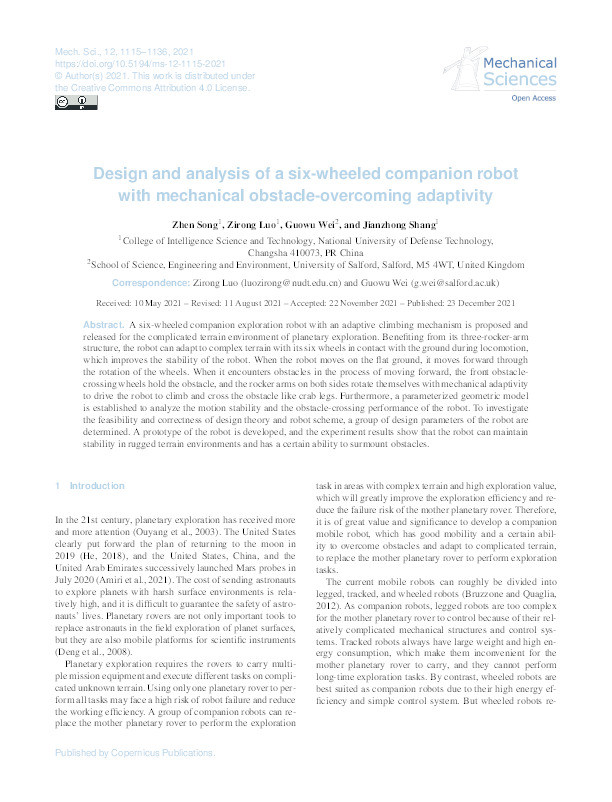 Design and analysis of a six-wheeled companion robot with mechanical obstacle-overcoming adaptivity Thumbnail