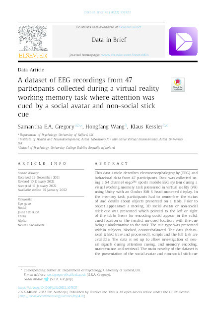 A dataset of EEG recordings from 47 participants collected during a virtual reality working memory task where attention was cued by a social avatar and non-social stick cue Thumbnail