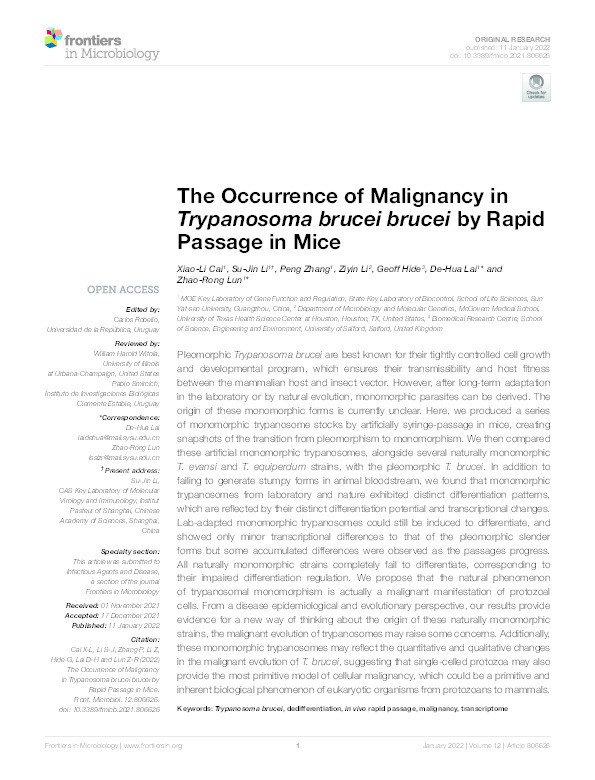 The occurrence of malignancy in Trypanosoma brucei brucei by rapid passage in mice Thumbnail
