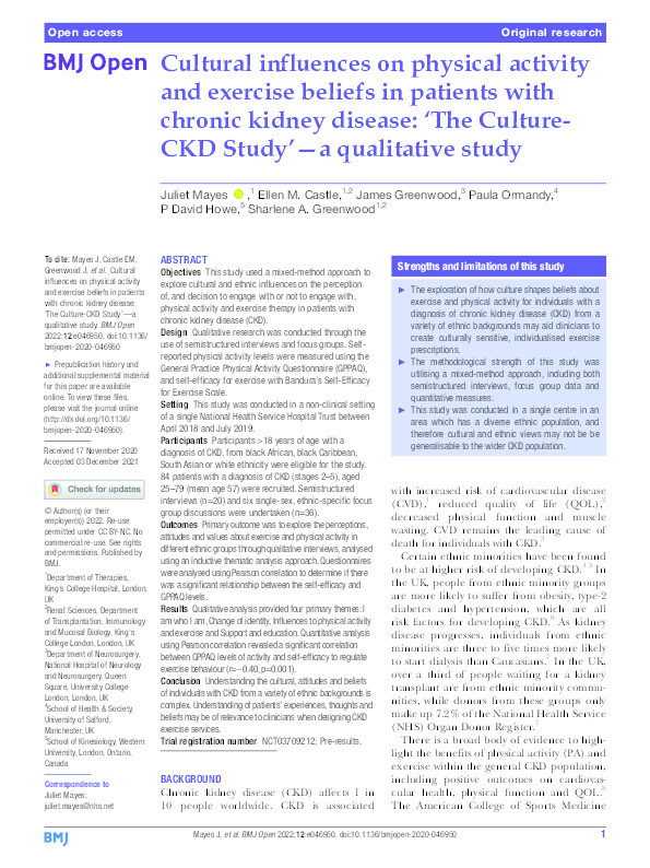 Cultural influences on physical activity and exercise beliefs in patients with chronic kidney disease : ‘The Culture-CKD Study’—a qualitative study Thumbnail