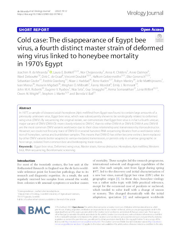 Cold case : the disappearance of Egypt bee virus, a fourth distinct master strain of deformed wing virus linked to honeybee mortality in 1970’s Egypt Thumbnail