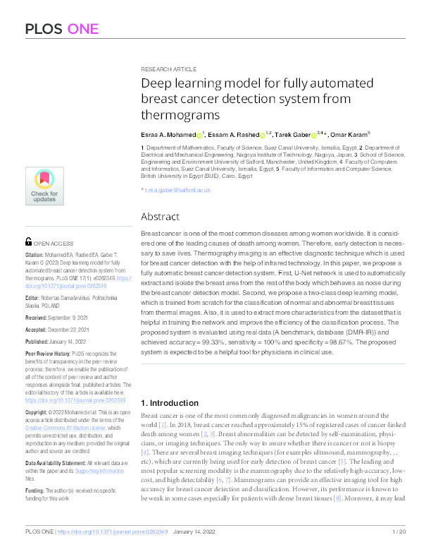 Deep learning model for fully automated breast cancer detection system from thermograms Thumbnail