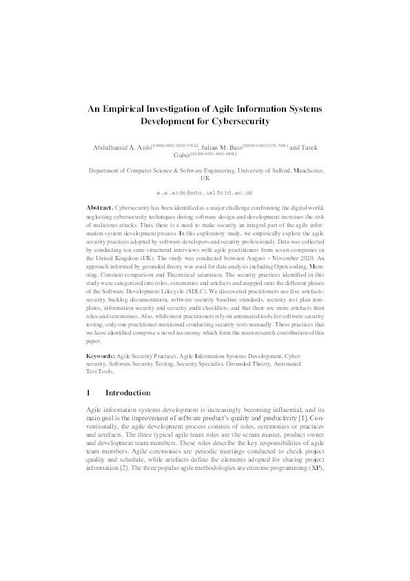 An empirical investigation of agile information systems development for cybersecurity Thumbnail