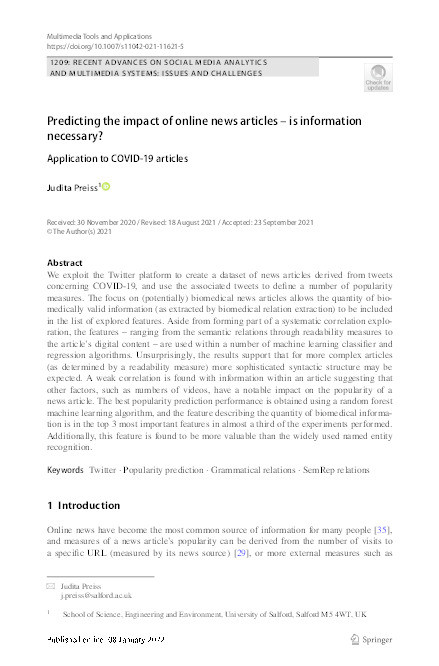 Predicting the impact of online news articles – is information necessary? : application to COVID-19 articles Thumbnail
