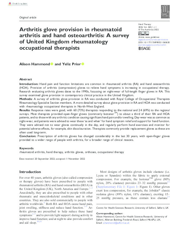 Arthritis glove provision in rheumatoid arthritis and hand osteoarthritis : a survey of United Kingdom rheumatology occupational therapists Thumbnail