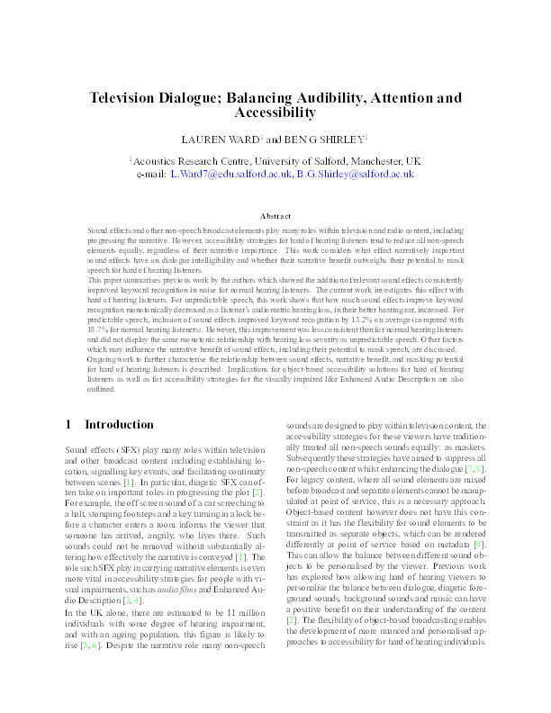 Television dialogue; balancing audibility, attention and accessibility Thumbnail