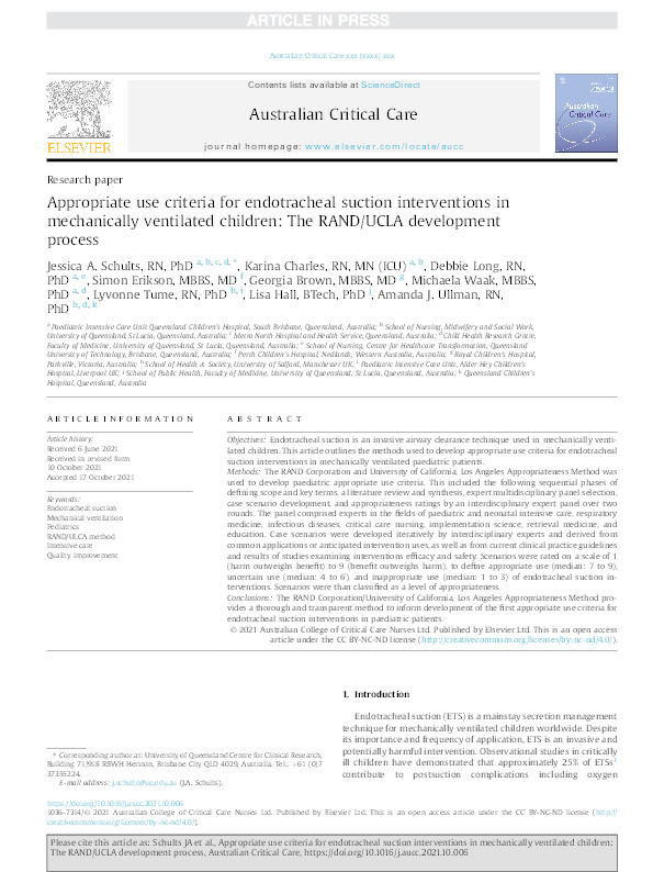 Appropriate use criteria for endotracheal suction interventions in
mechanically ventilated children : the RAND/UCLA development process Thumbnail