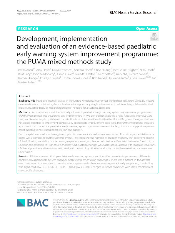 Development, implementation and evaluation of an evidence-based paediatric early warning system improvement programme : the PUMA mixed methods study Thumbnail