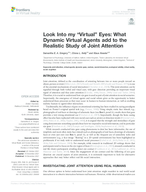 Look into my “virtual” eyes : what dynamic virtual agents add to the realistic study of joint attention Thumbnail
