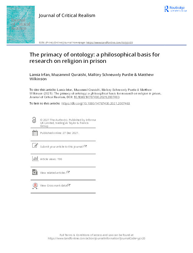 The primacy of ontology: a philosophical basis for research on religion in prison Thumbnail