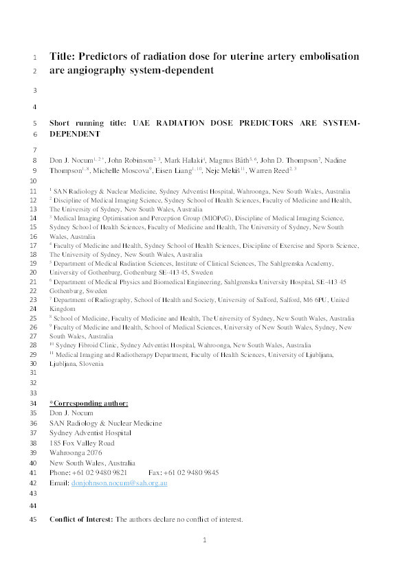 Predictors of radiation dose for uterine artery embolisation are angiography system-dependent Thumbnail